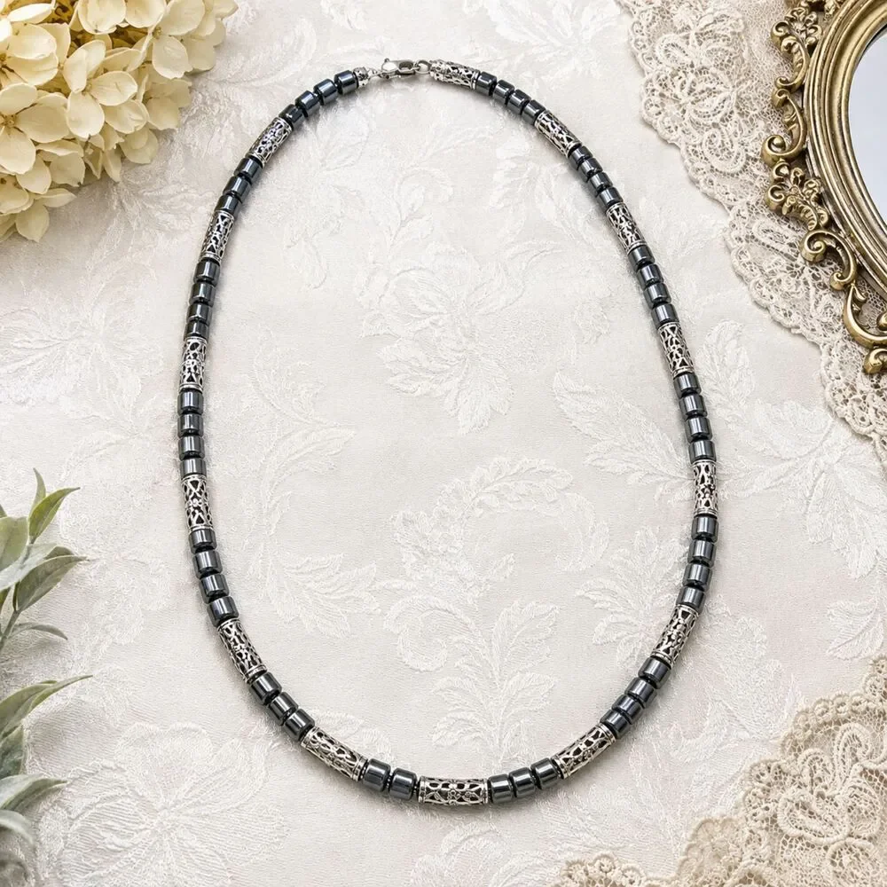 Vintage Hematite and Silver Bead Necklace